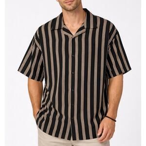 Steve's Jeans Men Retro Stripe Bowling Shirt Short Sleeve 2X Black Boxy Fit NWT